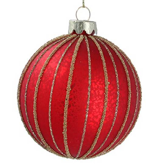 Glass Ball Antique Red, Gold Bead Stripes 8cm